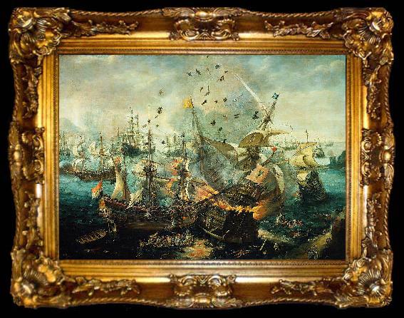 framed  WIERINGEN, Cornelis Claesz van explosion of the Spanish flagship during the Battle of Gibraltar, ta009-2